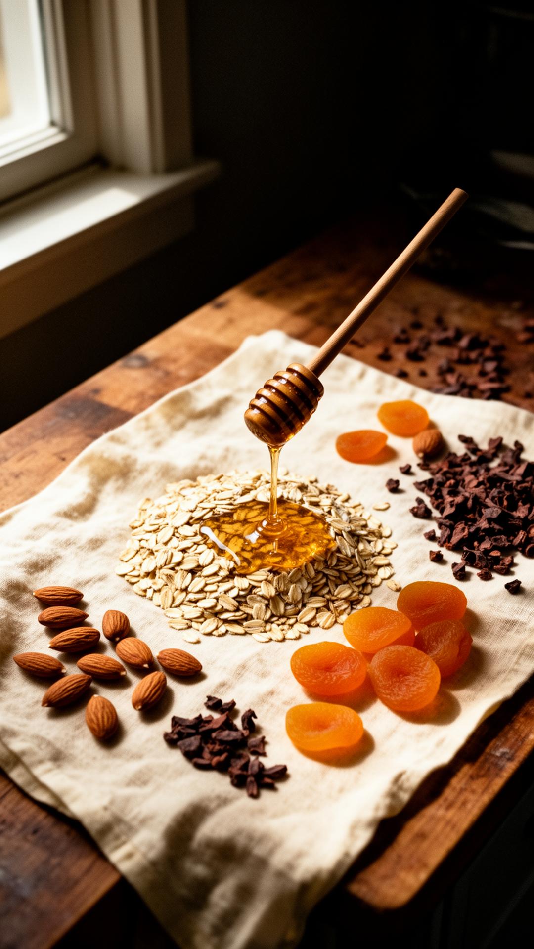 Ingredient room — oats, honey, window light