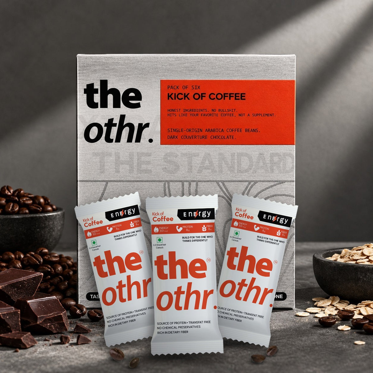 the othr. Kick of Coffee pack of six box with three Kick of Coffee bars
